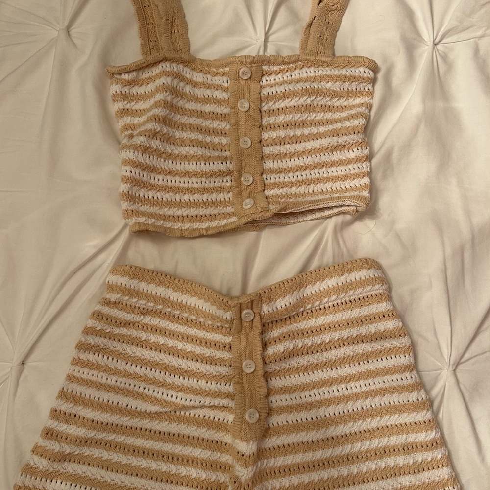 Aqua Tan and Cream Crochet Buttoned Top